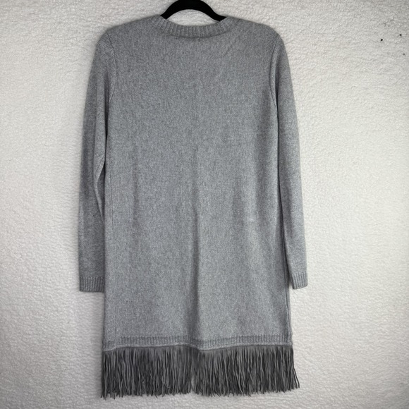 Tahari Sweater Womens Medium Gray Fringe Hem Open Front‎ Long Cardigan Duster - Picture 7 of 10